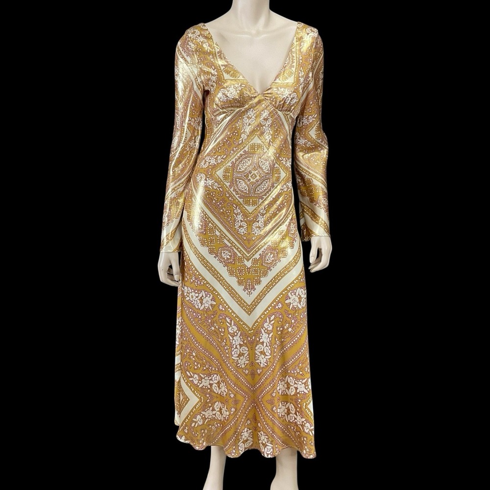 Free People Dress Women Size 0 XS Gold Tan Satin Long Sleeve Long Maxi NWT
